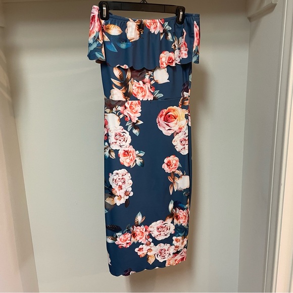 Women's Floral Pencil Dress, Blue, M - Picture 2 of 8